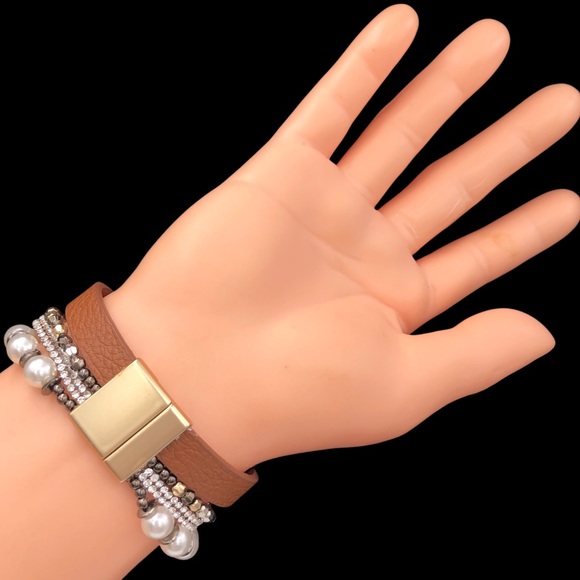 Thank God 4 Row Brown Vegan Leather & Beaded Magnetic Clap Layered Bracelet - Picture 2 of 3